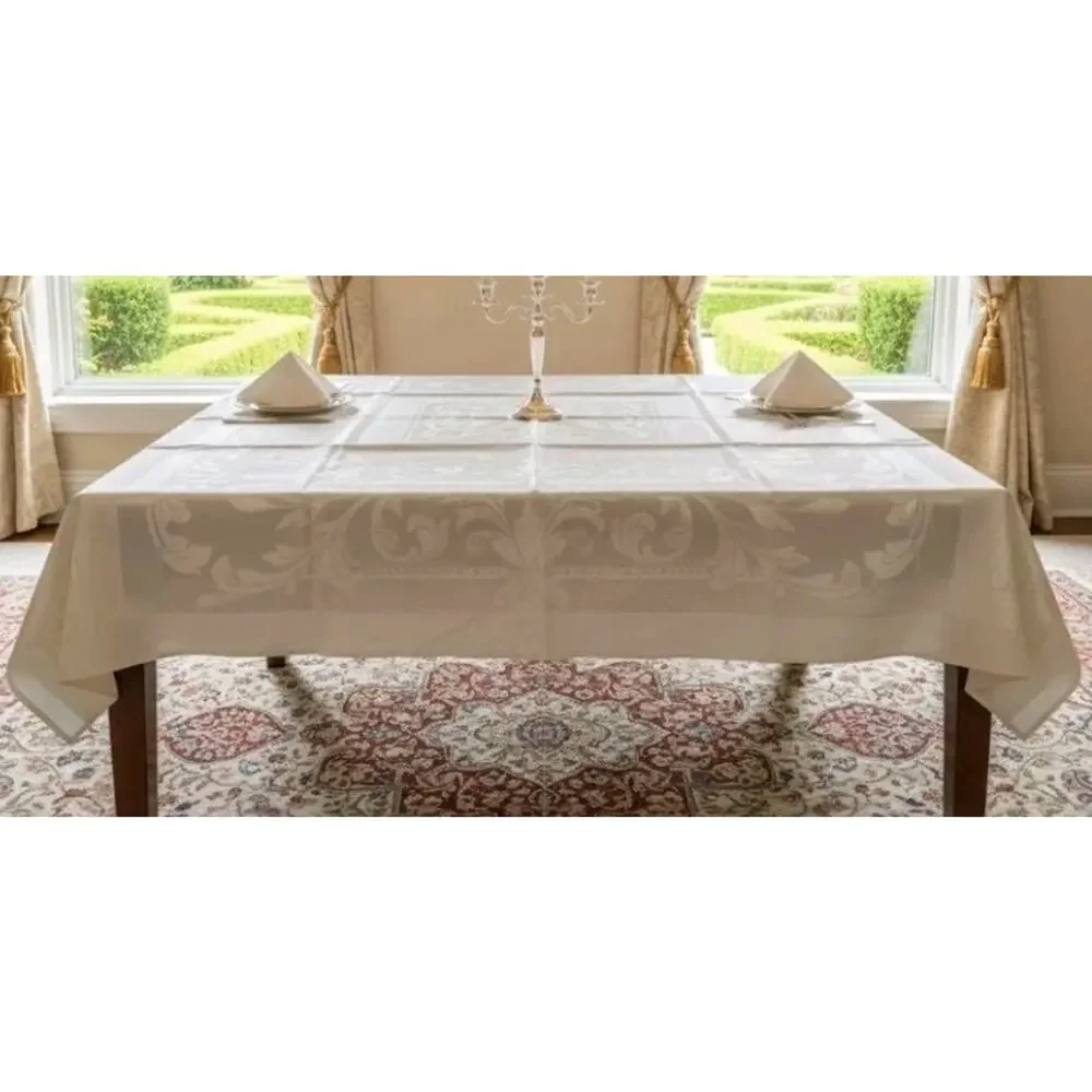 VTG White Damask Metallic Home Dining Tablecloth & Napkins 49.5